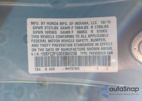 2016 Honda Civic Lx from USA, damaged, VIN 19XFC2F53GE000236